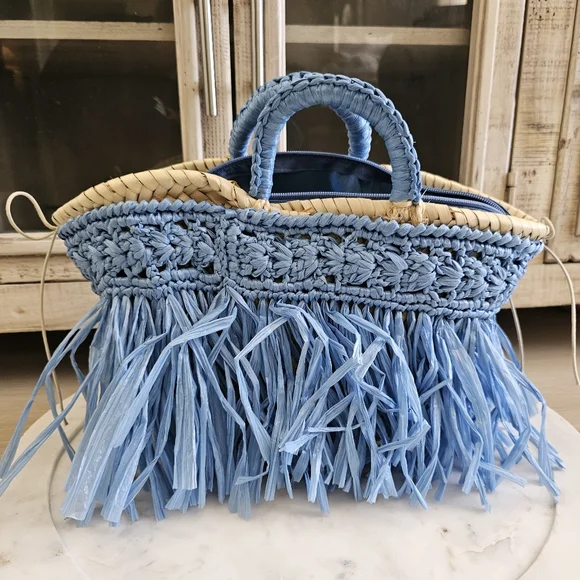 Caterina Bertini Fringe Straw Mini Tote Blue Made In Italy - Picture 14 of 17